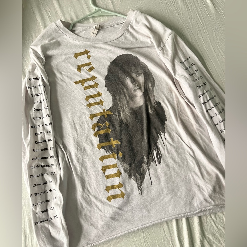 Taylor Swift Reputation White Long Sleeve Tee with Gold and Black Design